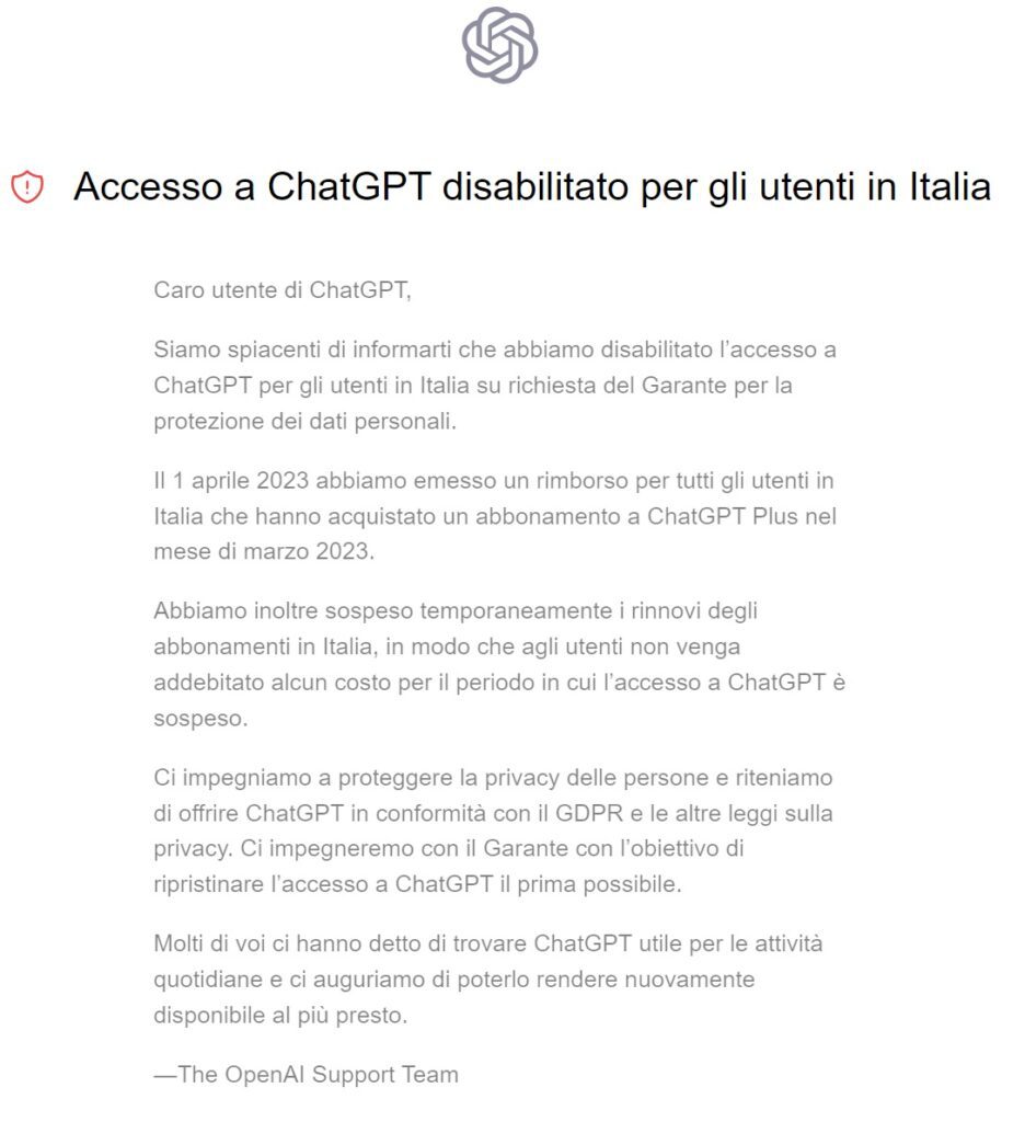 ChatGPT messaggio blocco in Italia